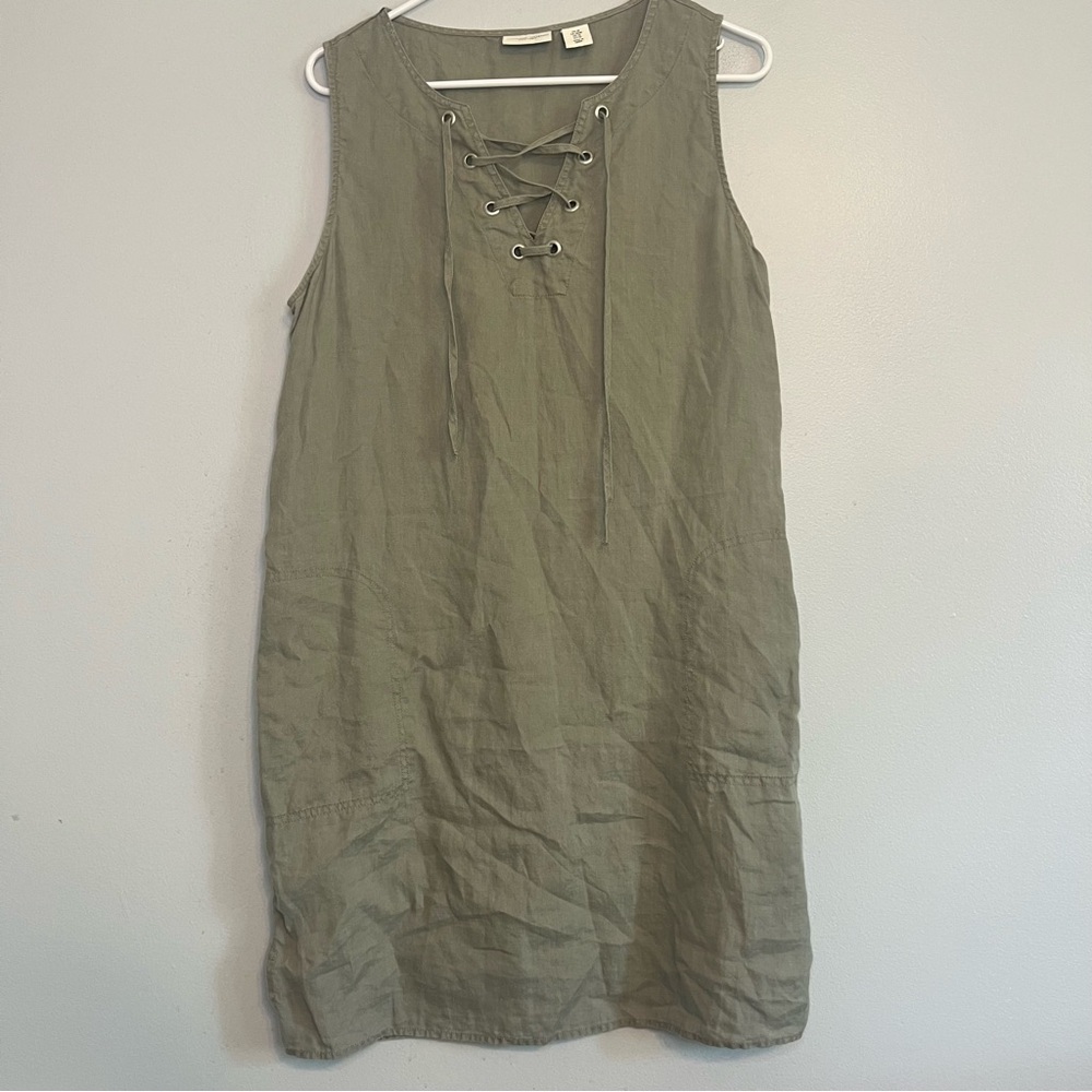 AD Sleeveless Mini Dress Pocket 100% Linen Sz M Light Green Beach Casual Summer